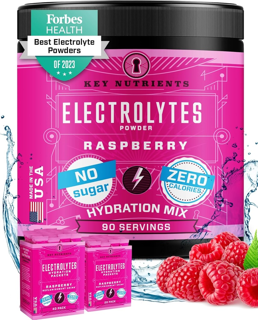 KLUCZOWE NUTRIENTY Wieloskładnikowa Electrolytes Proszek Nie Cukier - Soczysty Malina Electrolyte Proszek - Proszek nawadniania - Nie kalorie, Gluten wolny Keto Electrolytes Proszek - 90 Słupki - Made in USA