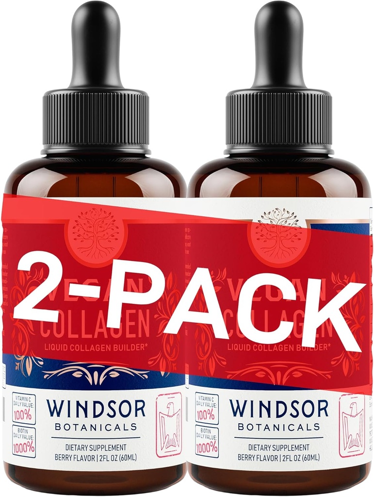 WINDSOR BOTANICALS Vegan Colagen Builder Liquid Supplement - Colagen Booster z witaminą C, Biotyna, Kwas hialuronowy i aminokwasy - organiczny owoc i mieszanka warzyw - 120ml, 60 dzień