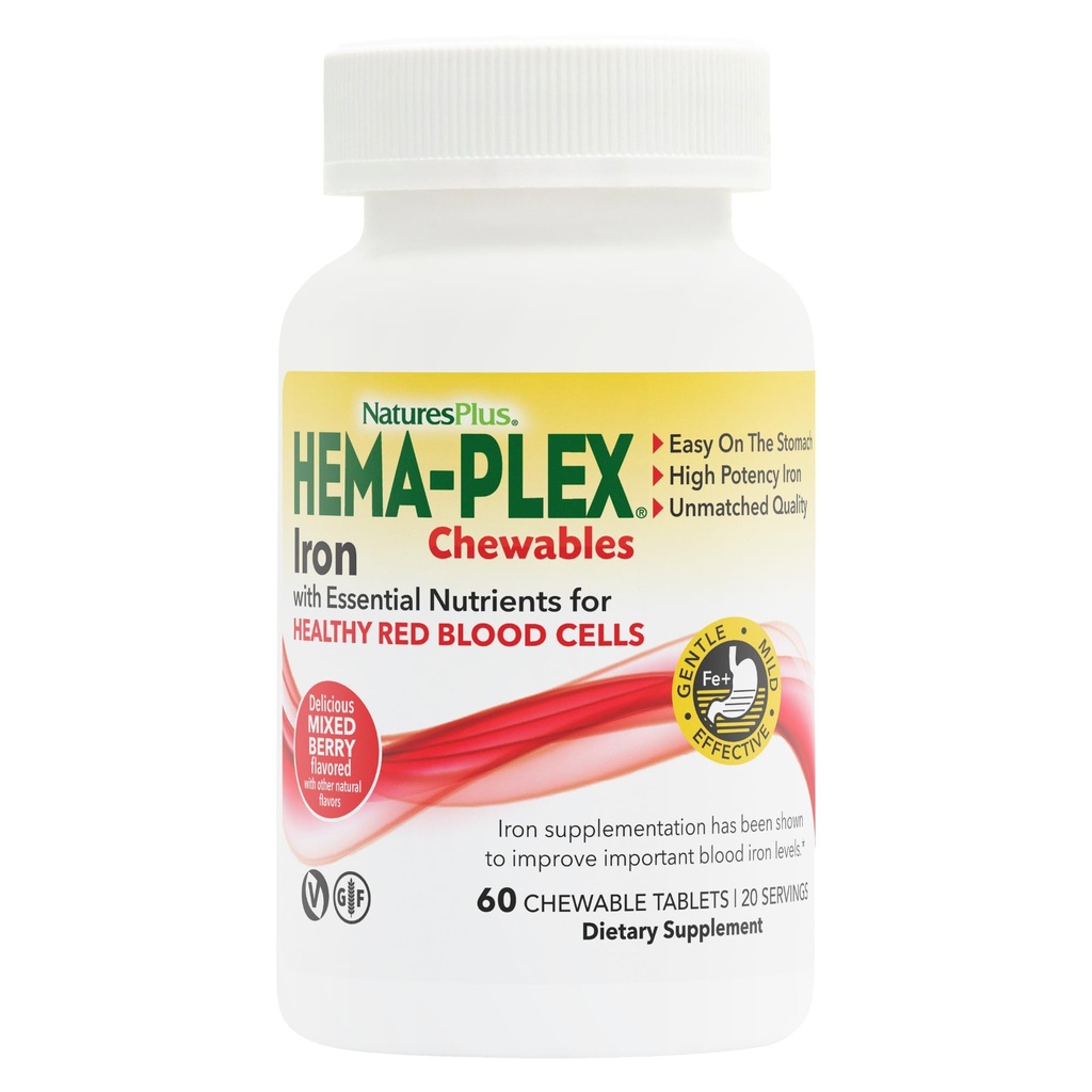 Natury Plus Hema- Plex Żelazko - 60 Mieszane Jeżyny Chewables - 85 mg Żelazko elementarne - Total Blood Health - z witaminą C & Bioflavonoids - Wegan, Gluten Free - 20 Sługi