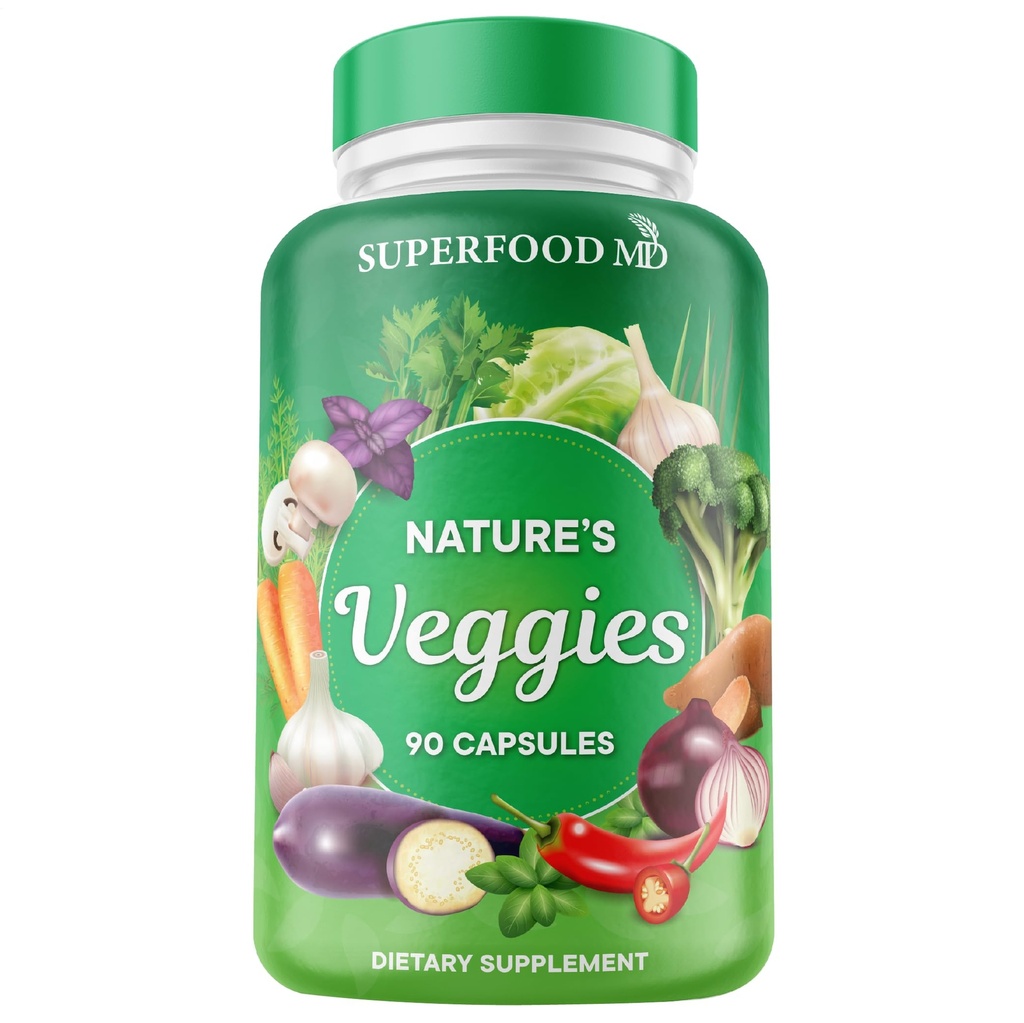 Superfood MD Veggies Supplement - 90 Kapsułek wegetariańskich - Wspiera poziomy energii, Beta Carotene, Witaminy i Minerały - Wolny od soi - 90