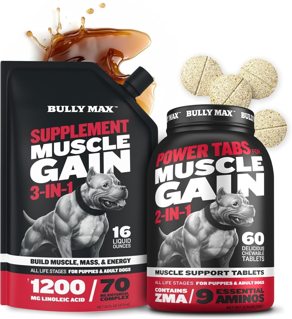 Bully Max 3- in-1 Liquid Dog Muscle Builder and Power Tabs (60 tab) Paleta - Wysokie suplementy proteinowe i do żucia Multivitamin dla wzrostu mięśni, energii i odzysku we wszystkich hodowlach, szczenięta i dorosłych psów
