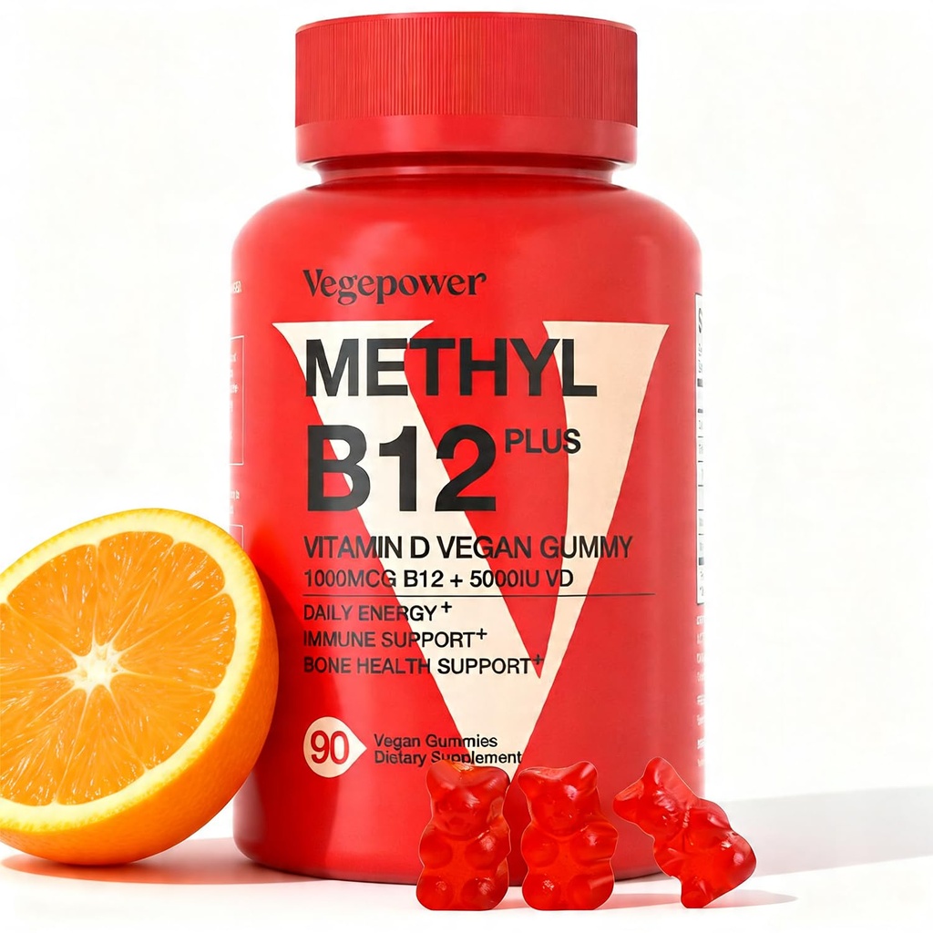 Wegańska witamina D3 & B12 Gumiaki, Suplement metylu B12 dla dorosłych i dzieci, Wzmocniona witaminą D 3 dla energii naturalnej, Immune, Metabolizm i Focus, Pomarańcza, 90 Gumiaki