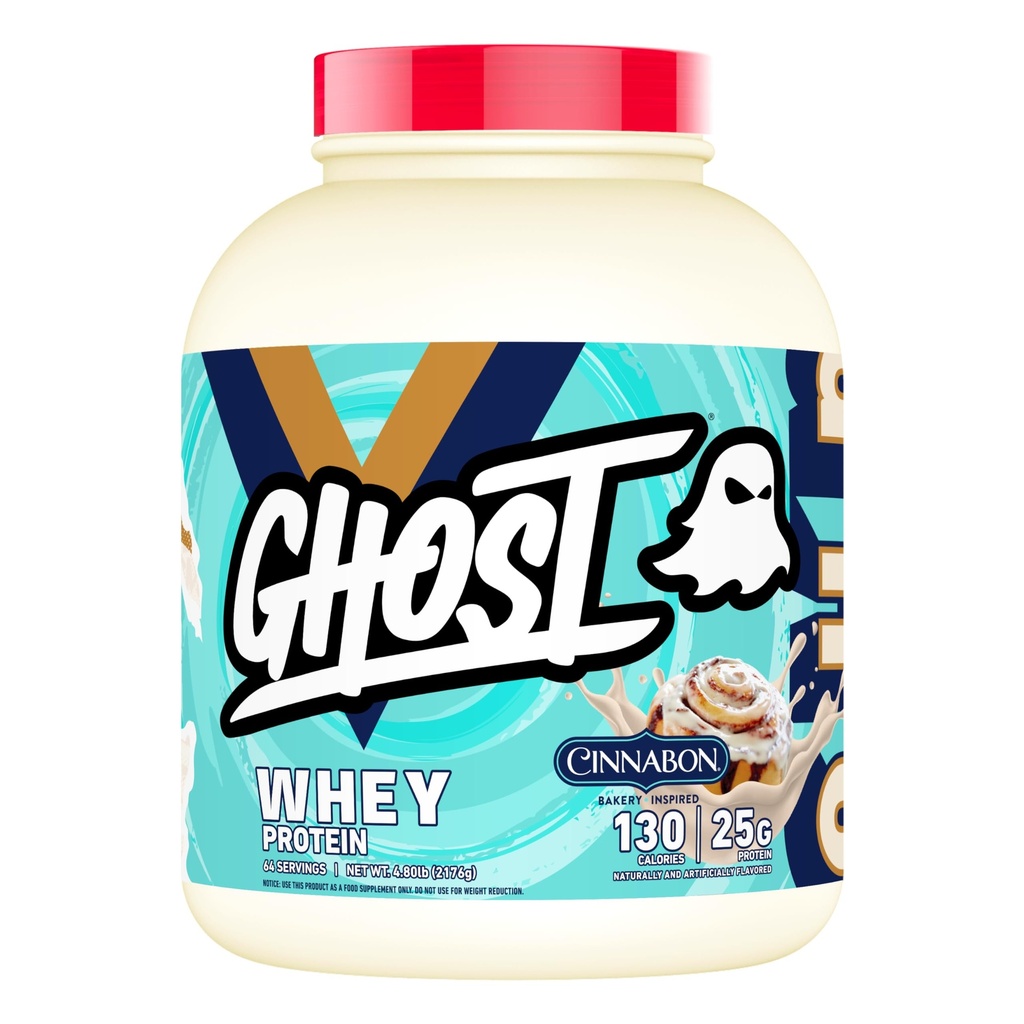 GHOST Proszek z białka serwatki, Cinnabon - 5LB, 25G białka - Cynamon Roll aromatyzowany izolat, koncentrat i hydrolizowany mieszanka białka serwatki - post Workout Shakes - Soy & Gluten Free