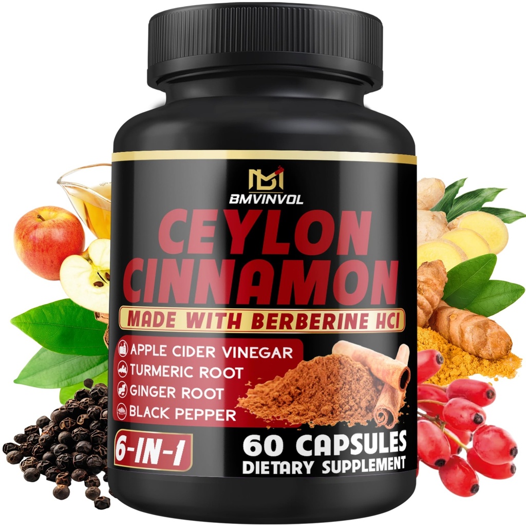 Ceylon Cynamon Kapsułki z Berberine HCl, Jabłko Cydr Ocet, Turmeric, Ginseng, Czarny pieprz - 6in1 dla wsparcia immunologicznego funkcji - 60 Count