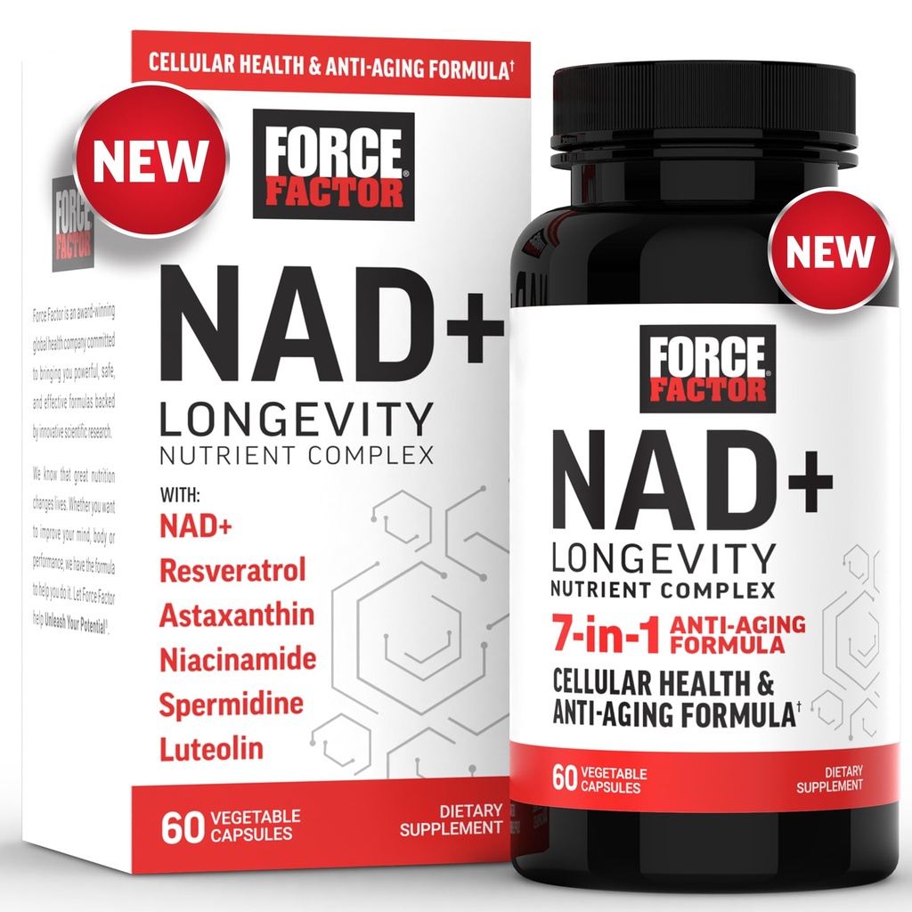FAKTOR FORCE NAD + (NMN lub Nikotynamid Riboside Alternative) z Resveratrol, Astaksantyna, Spermidyna i Luteolin Complex, NAD do wspierania zdrowia komórkowego i zdrowego starzenia, 60 Kapsułki
