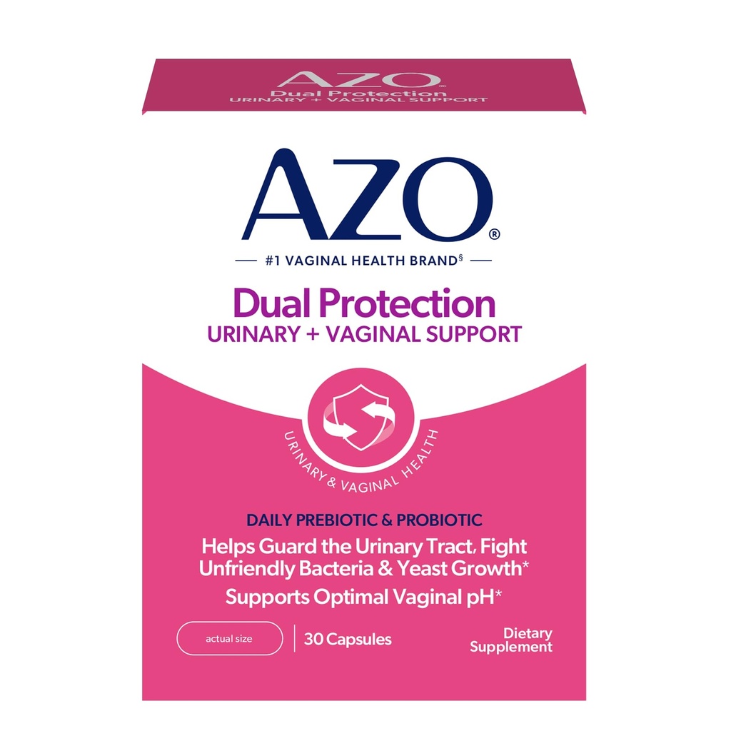 AZO Dual Protection, Urynary + Wsparcie waginalne, Prebiotyki i Probiotyki dla kobiet *, Zaczyna pracować w ciągu 24 godzin, Non-GMO, 30 Hrabia