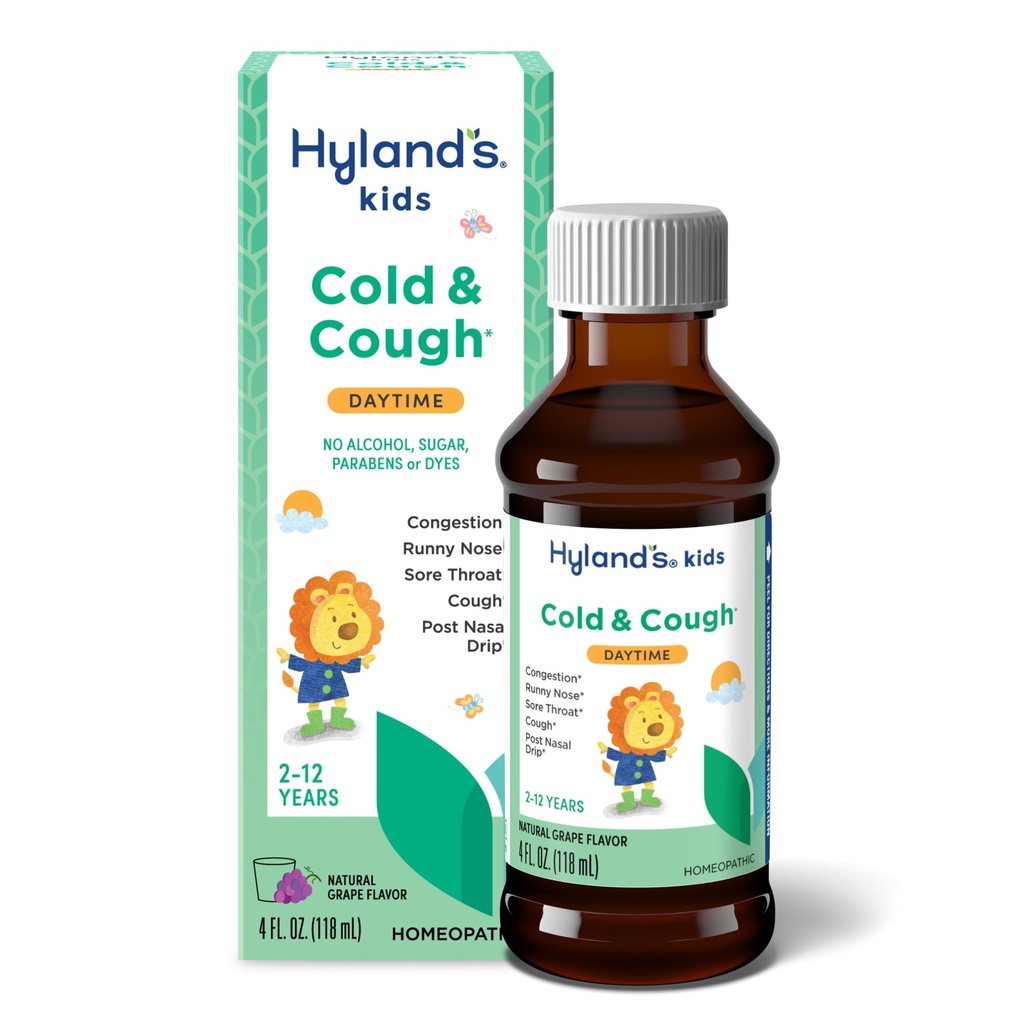 Hyland 's Kids Cold and Cough, Daytime Grape Flavor Cough Syrop dla dzieci w wieku 2 lat i do góry, Decongestant, Sore Throat Relief, Natural Treatment for Common Cold Symples, 4 Fl Oz
