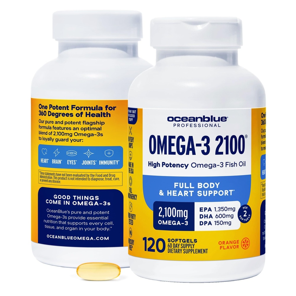 Oceanblue Professional 2100mg gimnazjum 124; Triple Force Omega 3 Fish Oil Supplement demandressive 124; High Pottency EPA DHA gimnazjum 124; Wild Caught - 120 Count (Pack of 2) Natural Orange Flavor