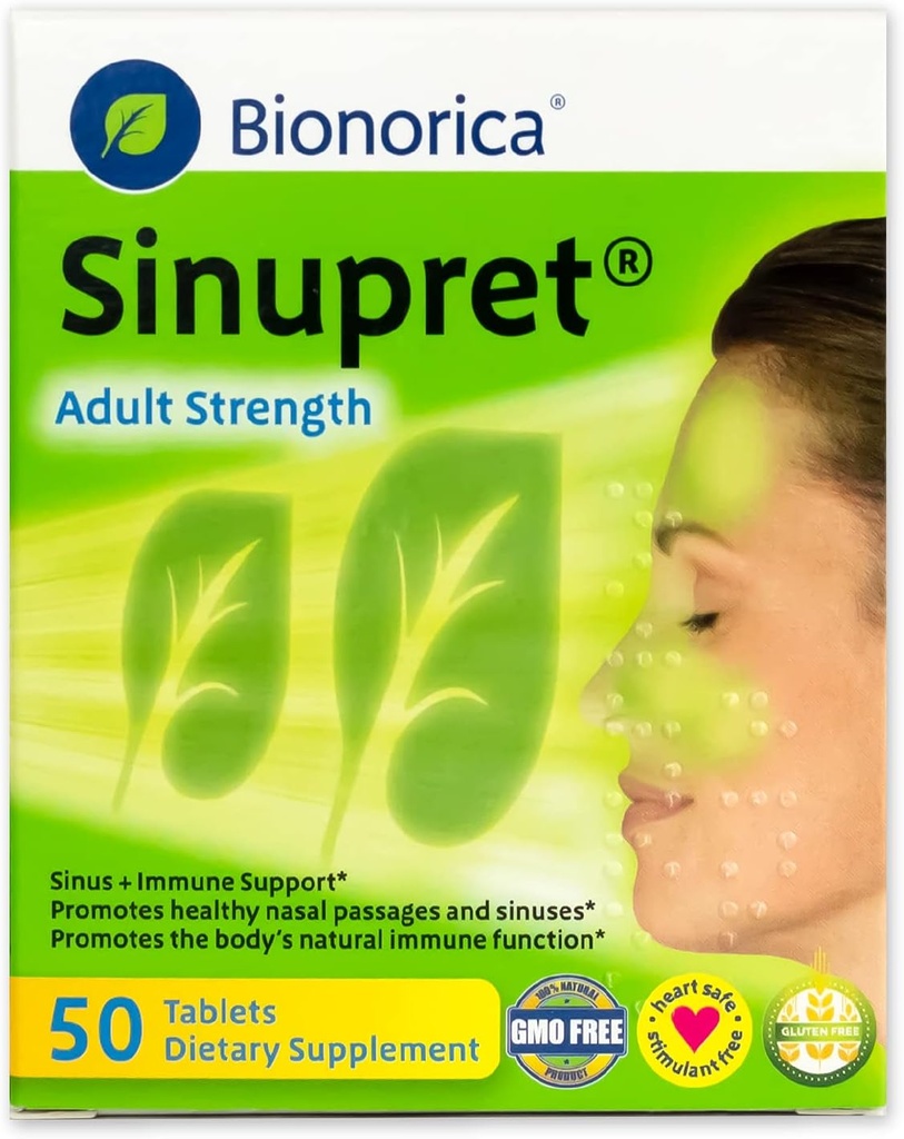 Sinupret Siła dla dorosłych Sinus + Immune Support All Natural, szybko działające Ziołowe Passage Nasal & Immunity Boost Suplement z Verbena & Elder Flower - 50 Tabletki (Opakowanie 2)