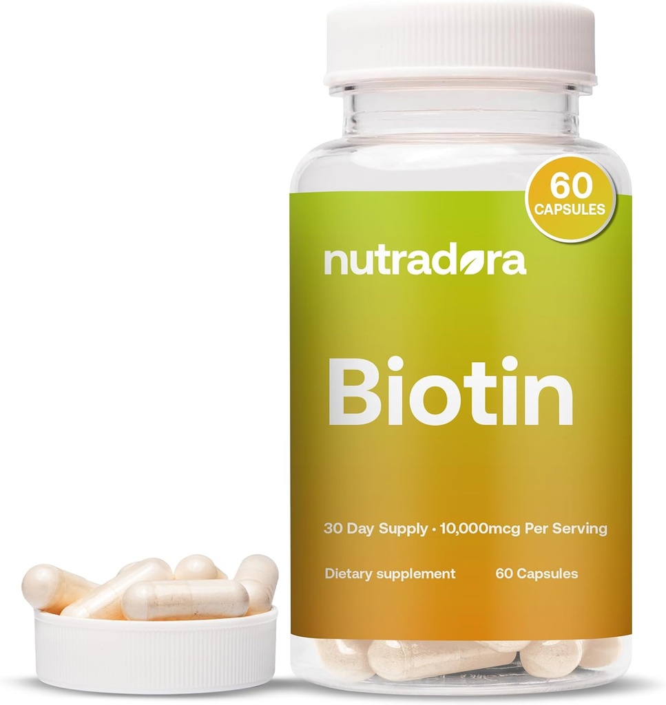 Biotin 10000mcg kapsułki z wapniem do skóry i paznokci - naturalnie produkowany suplement biotin do wzrostu i grubości włosów 10,000mcg kapsułki wegańskie - rozpuszczone w USA 60 Count