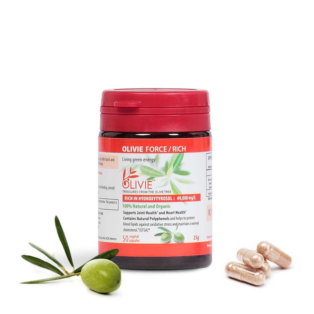 Ekstrakt Organic Olive Leaf Capsules Olivie Force / Rich Siła / Bogate 124; Suplement antyoksydancyjny polifenolu dla dorosłych 124; Suplement wsparcia zdrowia 124; 50 Kapsułki wegetariańskie