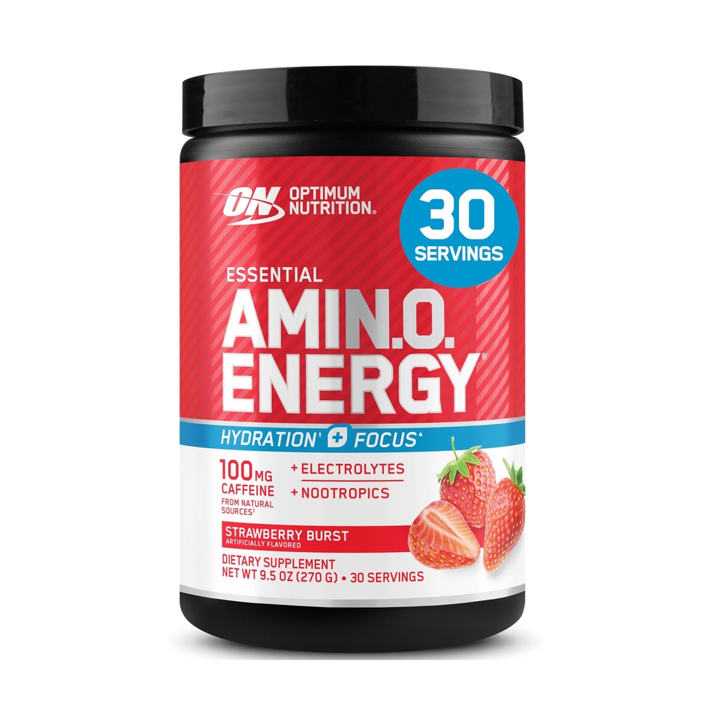 Optimum Nutrition Amino Energy Powder Plus Focus, z BCAA, Electrolytes, i kofeiny, Juicy Strawberry, 30 Servings (Packaging May Vary)