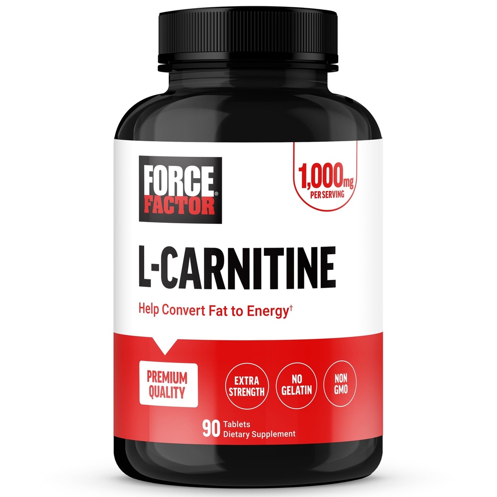 FORCE FACTOR L- Carnitine Supplement, L Carnitine Tartrate 1000mg Kapsułki do konwersji tłuszczu w energię, Wsparcie Odzyskiwanie mięśni i Boost Performance, Wegan, Non-GMO, 90 Tabletki