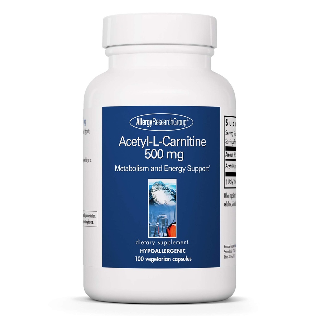 Alergia Research Group Acetyl- L- Karnityna 500 mg Suplement - Metabolizm i Wsparcie Energetyczne, ALC, Wolna postać Amino Acid, Kapsułki wegetariańskie - 100 Count