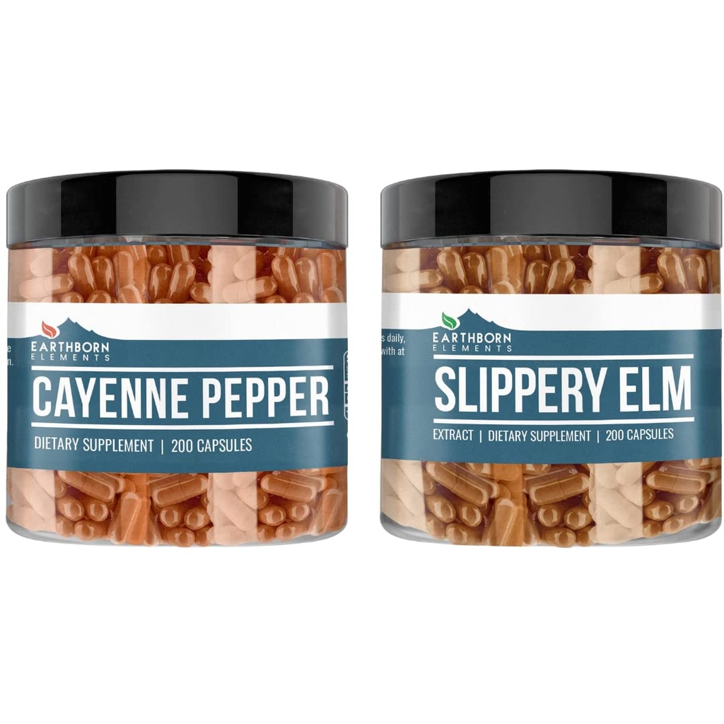 Earthborn Elements Cayenne Pepper & Slippery Elm Bundle (200 Kapsułek Każdy) Czysty i nierozcieńczony, Brak dodatków