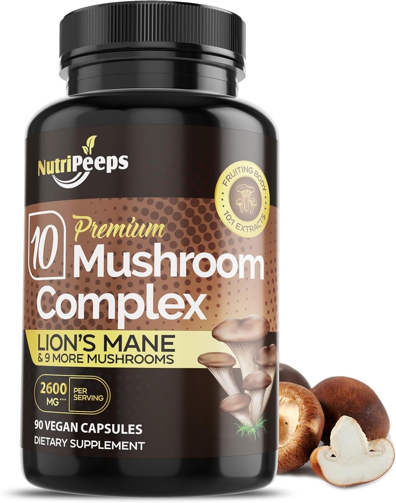 Organic Mushroom Supplement - Top 10 Mushrooms Blend with Cordyceps, Reishi, Maitake, Shiitake, Lions Mane & More | Nootropics Brain Focus Support | 2600mg | 90 Capsules