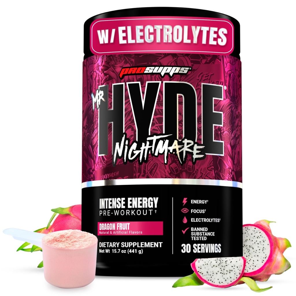 PROSUPPS Hyde Nightmare w proszku przed treningiem z kofeiną i alaniną Beta - Wstępny trening intensywnej energii, mentalna koncentracja i wydajność - Gimnazjum i suplementy fitness (Dragon Fruit, 30 Servings)