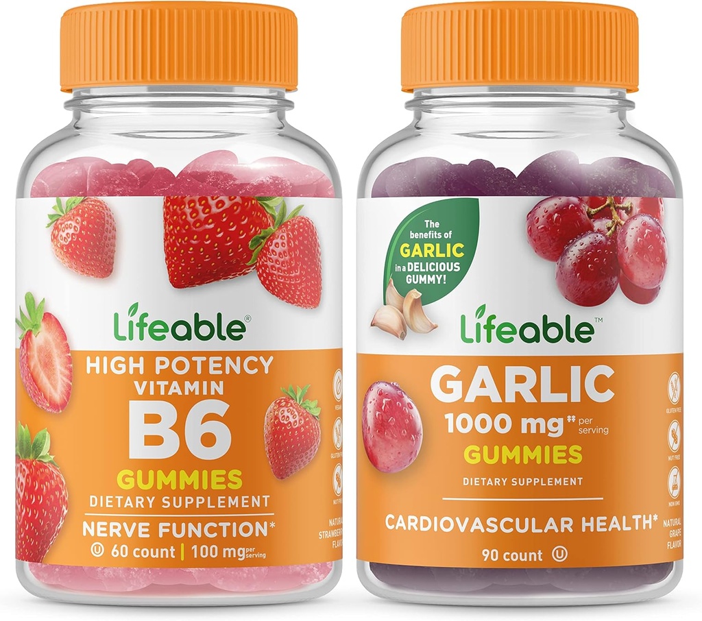Żywa witamina B6 + czosnek 1000mg, Gummies Bundle - Great Desting, Suplement witaminy, Gluten Free, GMO Free, Chewable
