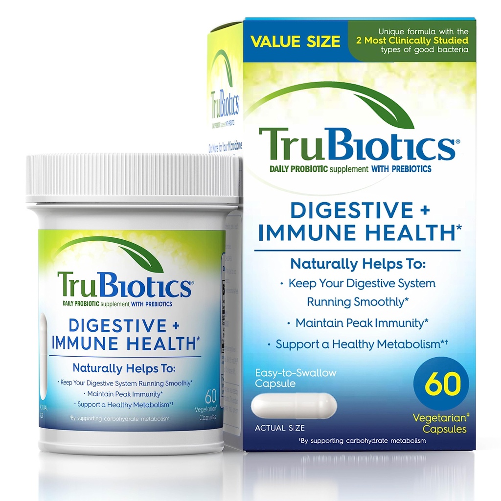 Probiotyki TruBiotics for Digestive & Immune Health, Pomaga Regularność i Pomaga Relieve Abdominal Discomfort, Gas & Bloating, 2 Klinicznie badane Cieśniny Probiotyczne, Plus Prebiotyki, 60 Kapsułki