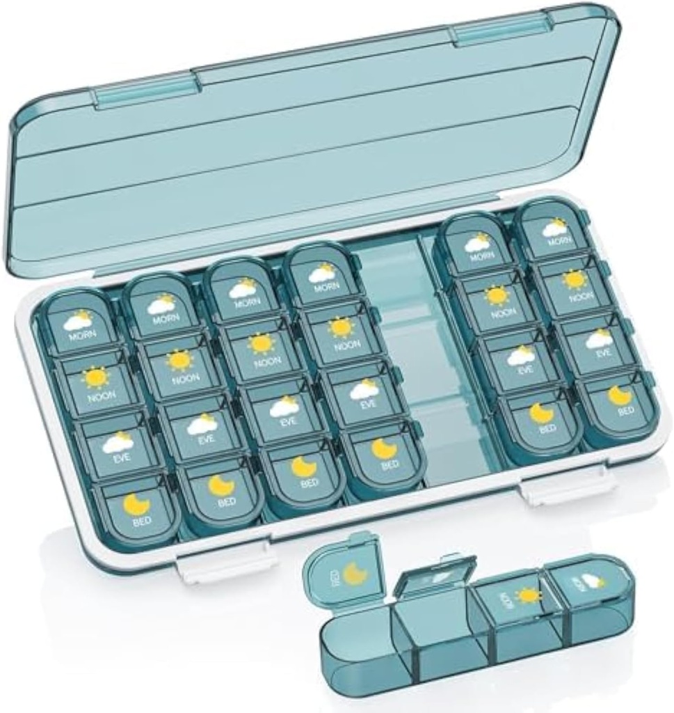 Pill Organizator 4 razy dziennie, Pill Box 4 razy Dzień 7 dzień - Acedada Cotygodniowy lek Box Organizator z osobnym przypadku, Portable Daily Pill Container Dispenser dla witaminy, Oleje rybne, Suplementy, Niebieski