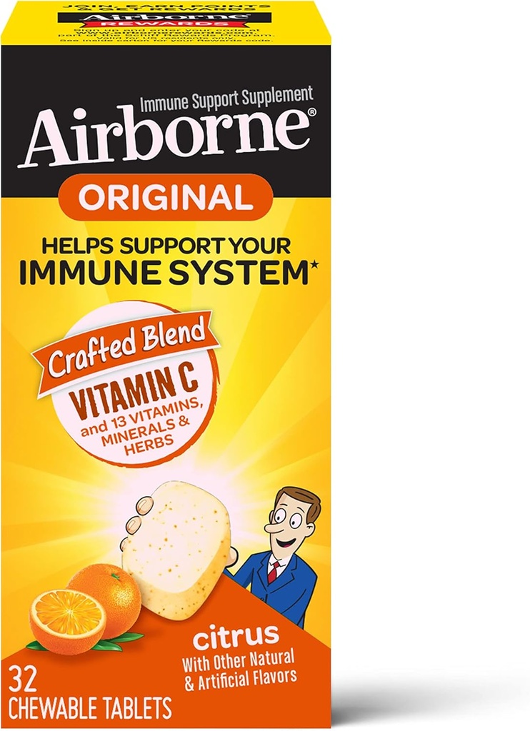 Witamina C 1000mg (na porcję) Citrus Chewable Tablets (32 Count in a Box), suplement immunologiczny bez glutenu, z witaminami A C E, ZINC, Selenium, Echinacea & Ginger, Przeciwutleniacze