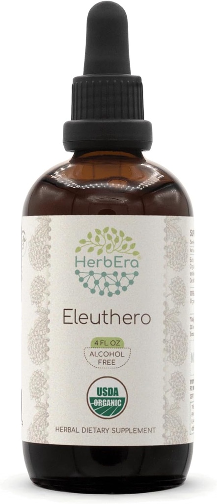 HerbEra Eleuthero B120 USDA Organiczne nalewki 124; Wyciąg wolny od alkoholu, Wysokiej mocy Herbal Drops 124; Certified Organic Eleuthero (Eleutherococcus Senticosus, Siberian Ginseng) Suszony Korzeń (4 oz)