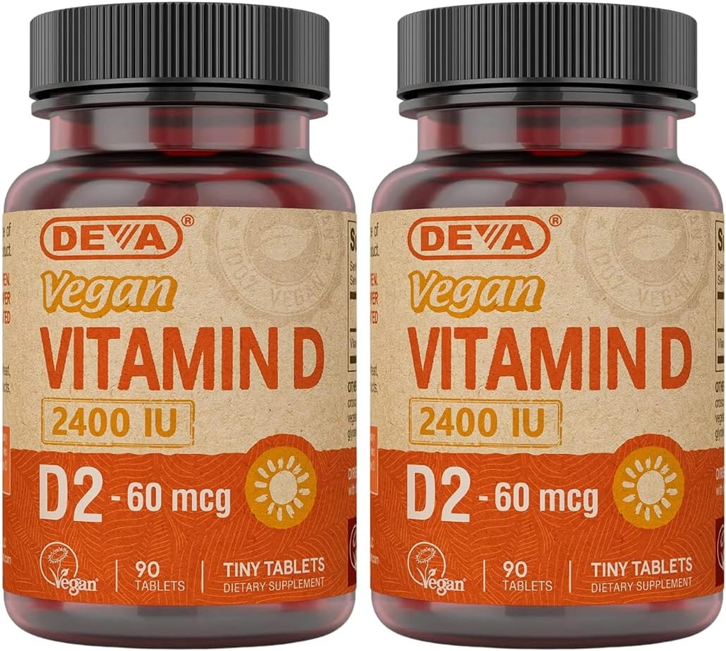 DEVA Vegan Witamina D2 60 µg 2400 j. m., Suplement Ergokalcyferolu bez składników zwierzęcych, 90 tabletek (opakowanie po 2)