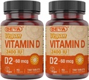 DEVA Vegan Witamina D2 60 µg 2400 j. m., Suplement Ergokalcyferolu bez składników zwierzęcych, 90 tabletek (opakowanie po 2)