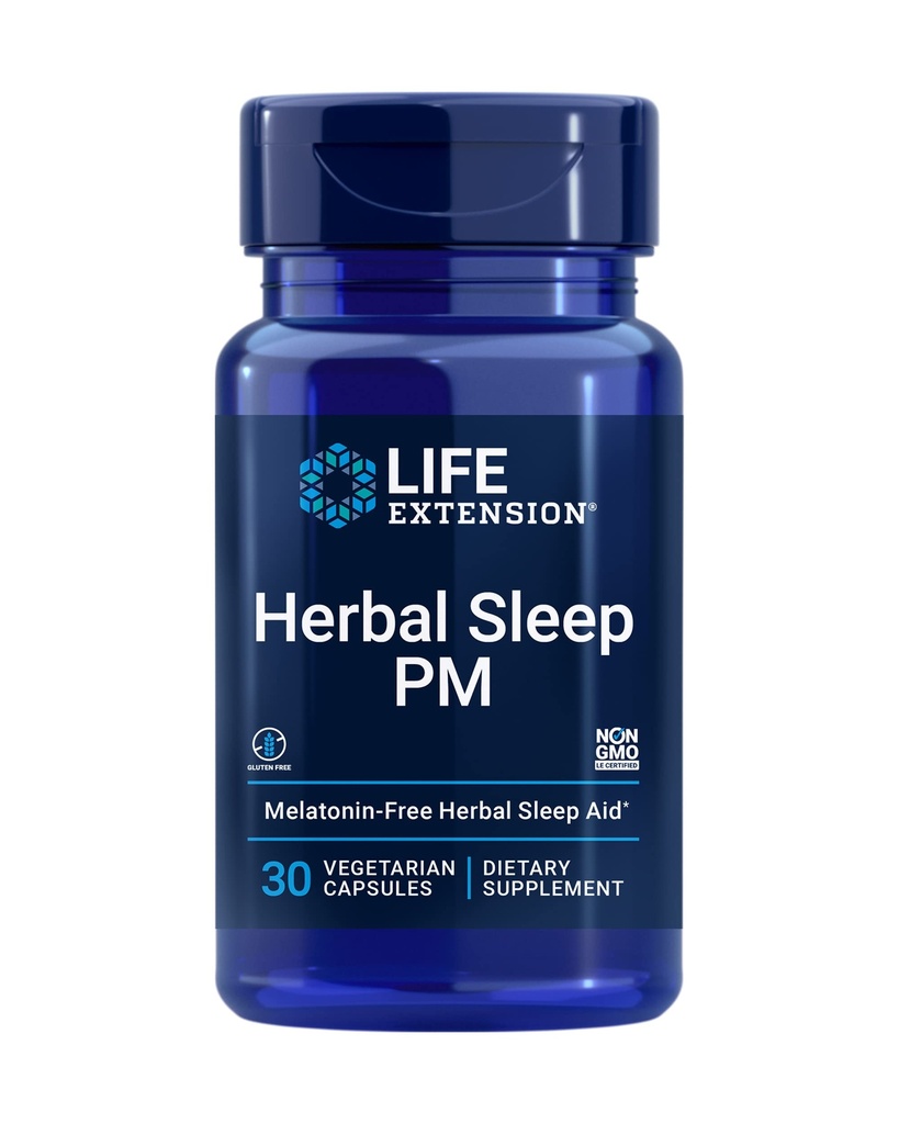 Life Extension Herbal Sleep PM, Lemon Balm, honokiol (kora Magnolia), Rumianek, Promotes Healthy Sleep, Hormone- Free, Melatonine- Free, Gluten Free, Non-GMO, Wegetarianin, 30 Kapsułki