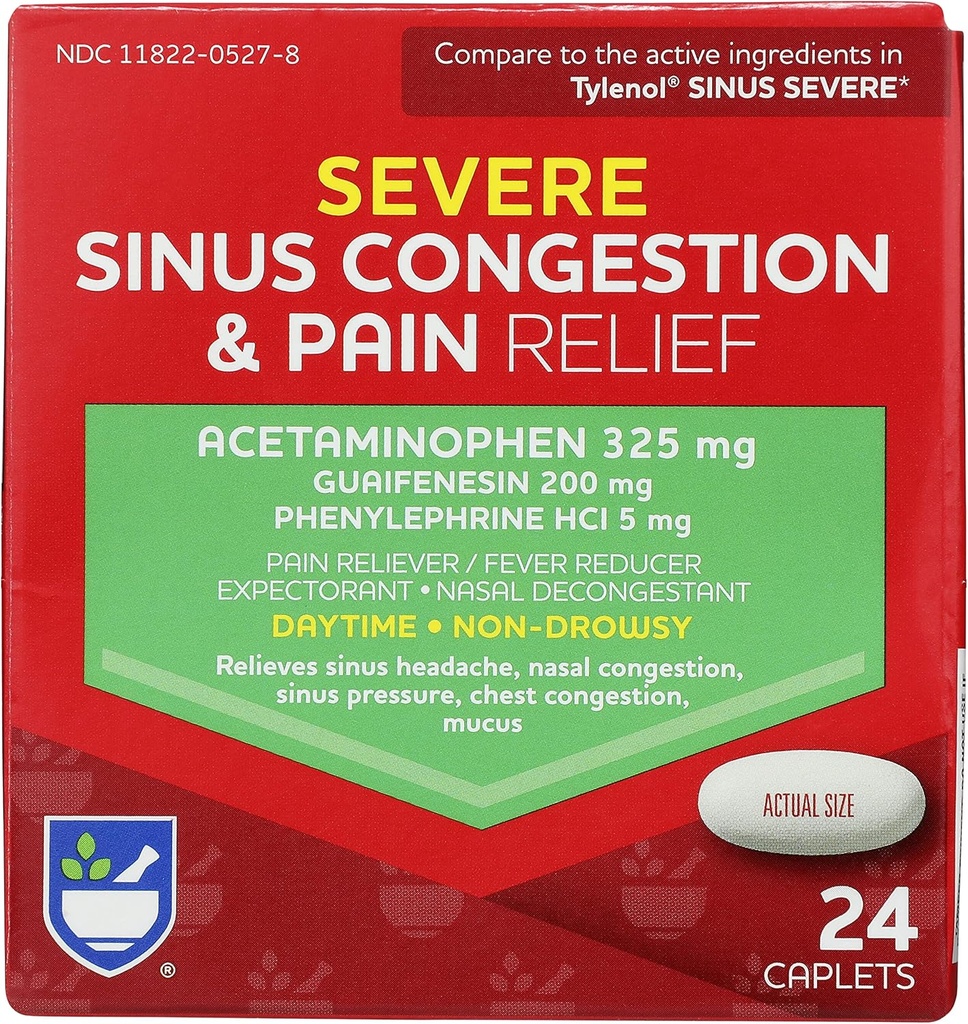 Rite Aid Daytime Ciężkie zatory zatokowe & ulga bólowa - Acetaminofen, 325 mg - 24 Kaplety 124; Wieloobjawowe Non- Drowsy 124; Relief 124; Zimna i grypa 124; Cold & Sinus Medicine dla dorosłych