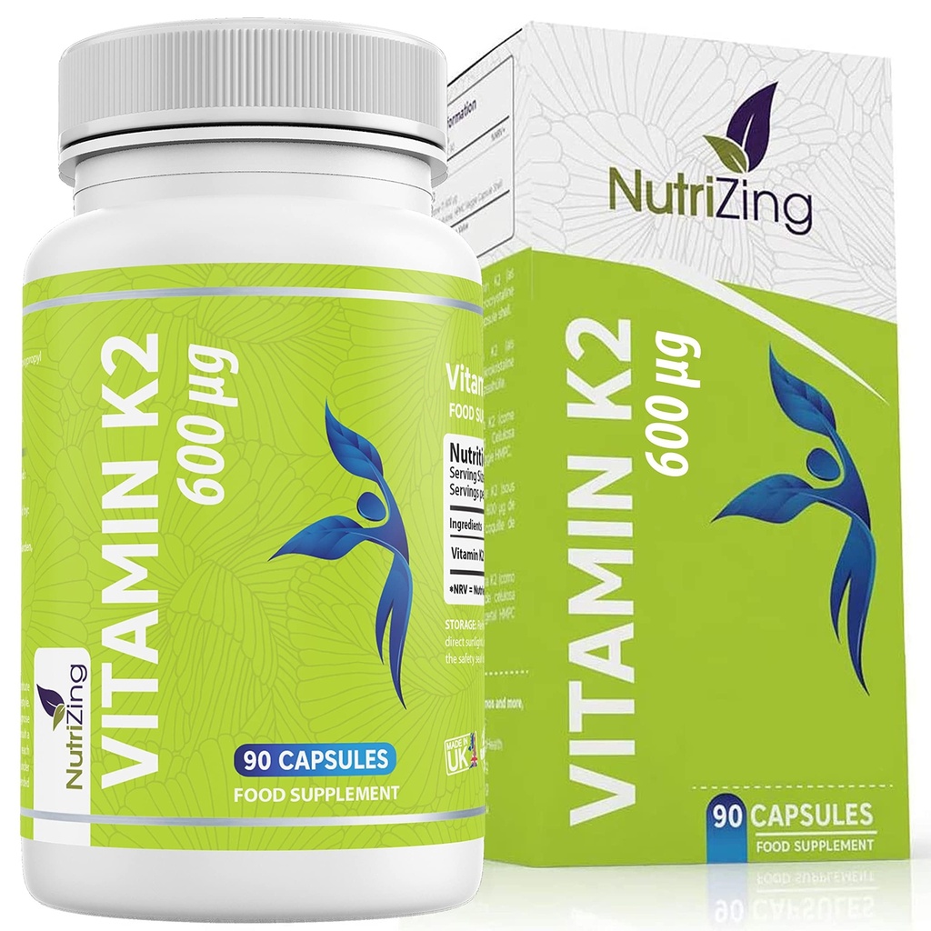 NutriZing K2 Suplement witaminy MK- 7 - Wysoka wytrzymałość 600mcg - Wspiera zdrowie kości i stawów - 90 Kapsułek wegańskich - Witamina K2 dla mężczyzn i kobiet - 3 Miesiące Dostawy