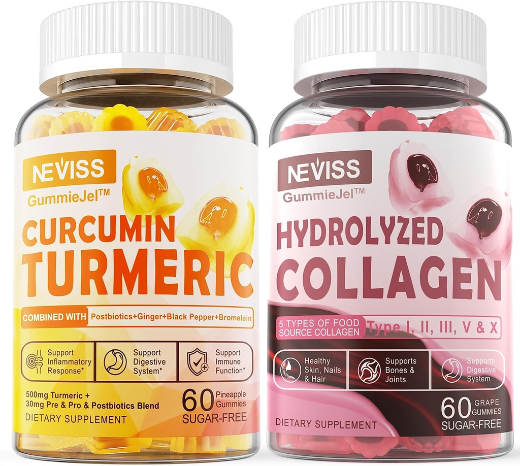 Bezcukrowy Kolagen Wypełnione Gumiaki + Cukier Wolny Kurkuma Kurkuma Kurkuma Wypełniona Gumiaki, do zdrowej skóry paznokci włosów, kości i wsparcia wspólnego, Immune & Digestive zdrowia