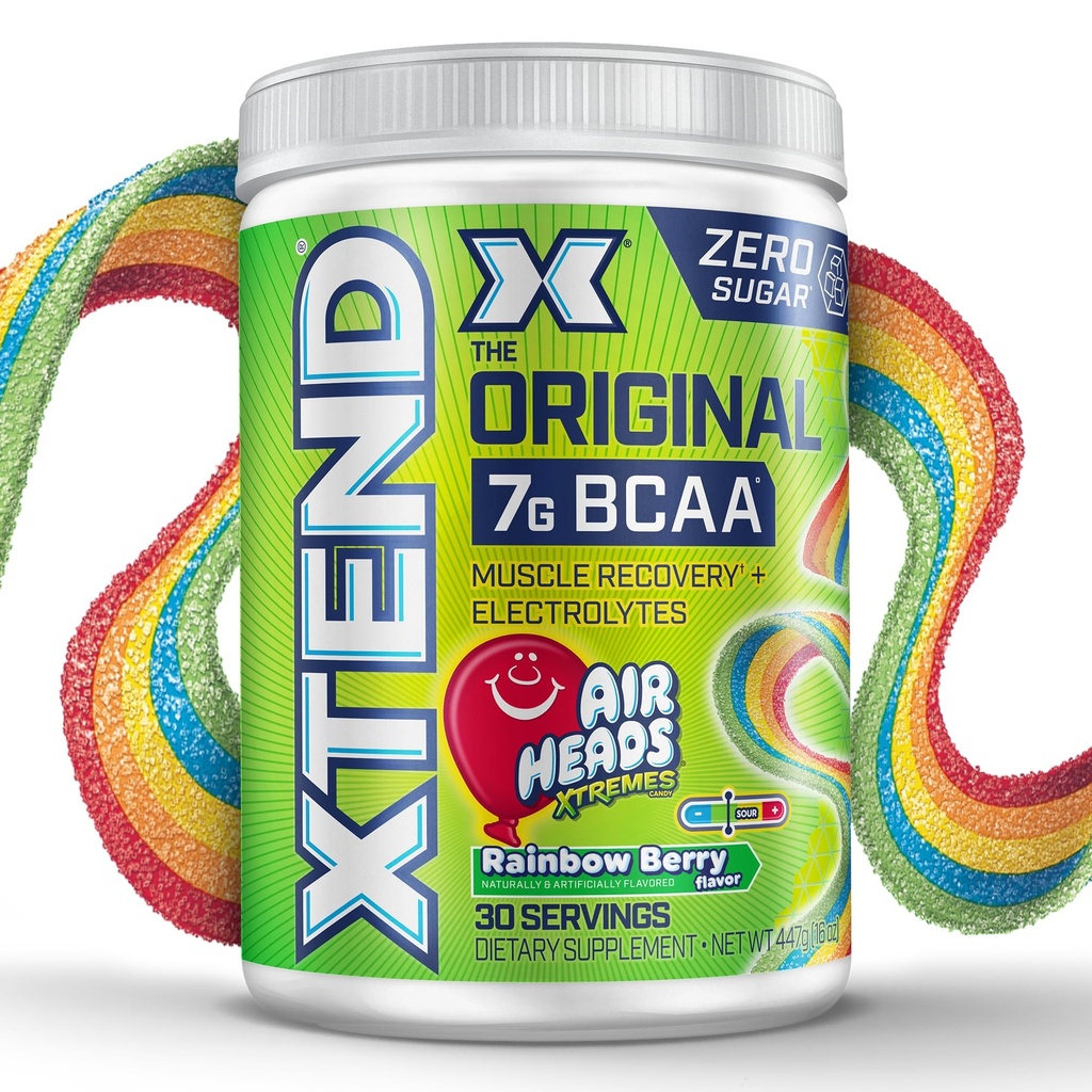 Xtend Original BCAA Powder Airheads Rainbow Berry Flavor, 7g BCAA i 2,5g L- glutamina, Sugar Free Post Workout Muscle Recovery Drink with Amino Acids for Men & Women, 30 Servings