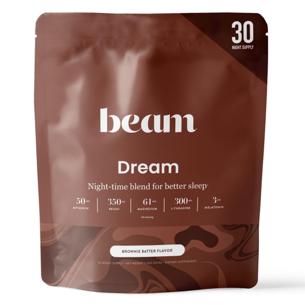 Beam Dream Sleep Powder - Pomoc snu dla dorosłych z Melatonin, Magnez, L- Theanine, Reishi Mushroom & Apigenin Sleep Supplement, Sleepy Cocoa Bedtime Drink Mix, Brownie Batter Flavor, 30 Służenia