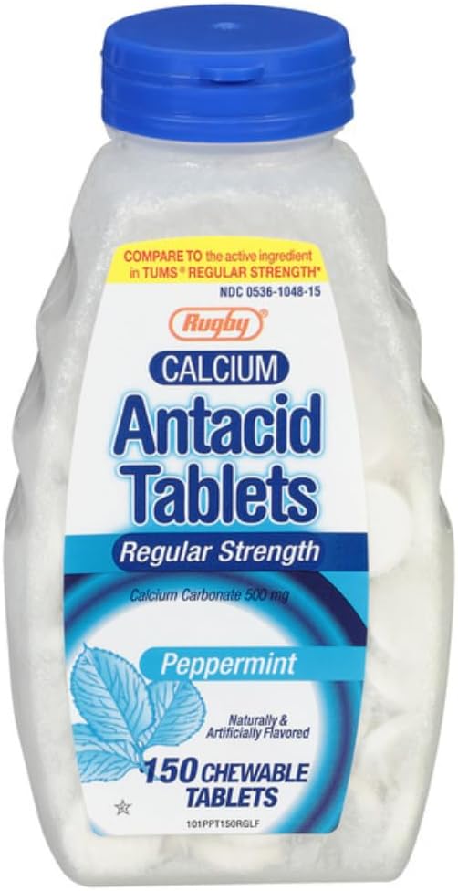 Rugby regularna siła Antacid Chewable Tablets - Wykonane z 500 mg karbonianu wapnia - Peppermint Flavor - 150 Count