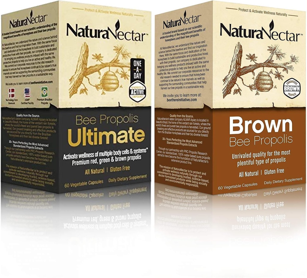 NaturaNectar Natural Bee Propolis Bundle - Bee Propolis Ultimate i Brown Bee Propolis - dla immunologicznego, sercowo-naczyniowego i układu oddechowego - 60 kapsułek na butelkę