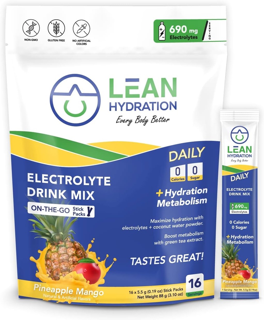 Lean Hydration Daily Electrolyte Packets Drink Mix 124; Zero Calories, Zero Sugar plus Vitamin, Minerals & More