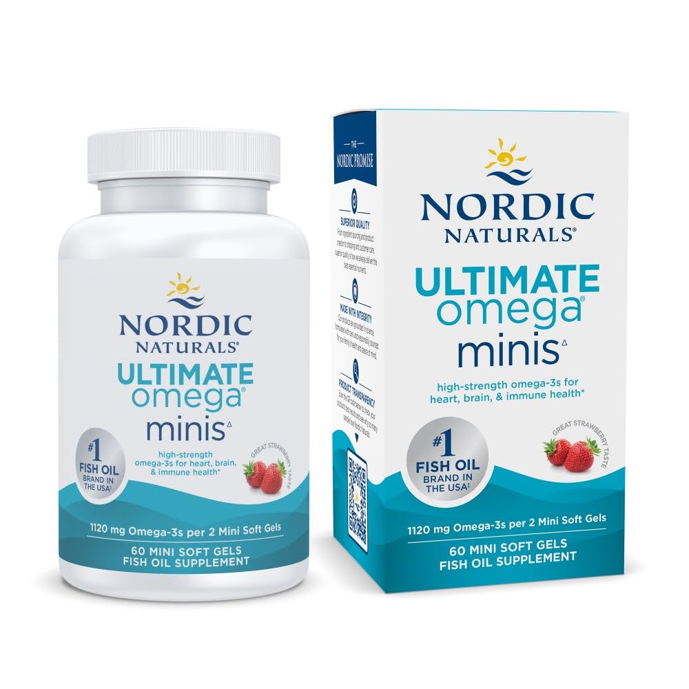 Nordic Naturals Ultimate Omega Minis, Strawberry Flavor - 60 Minis Soft Gels - 1120 mg Omega-3 - Wysokiej mocy suplement oleju rybnego - EPA & DHA - Promotes Brain & Heart Health - 30 Służenie