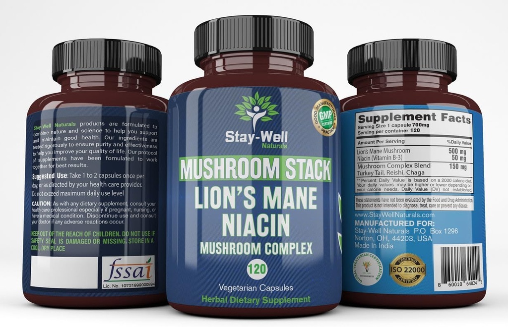 Lion Mane Mushroom Supples Kapsułki z Niacin 124; Mushroom Complex Kapsułki, z indyka Grzyby, Chaga Mushroom i Reishi Mushroom Extract, Mushroom Supplement Kapsułki