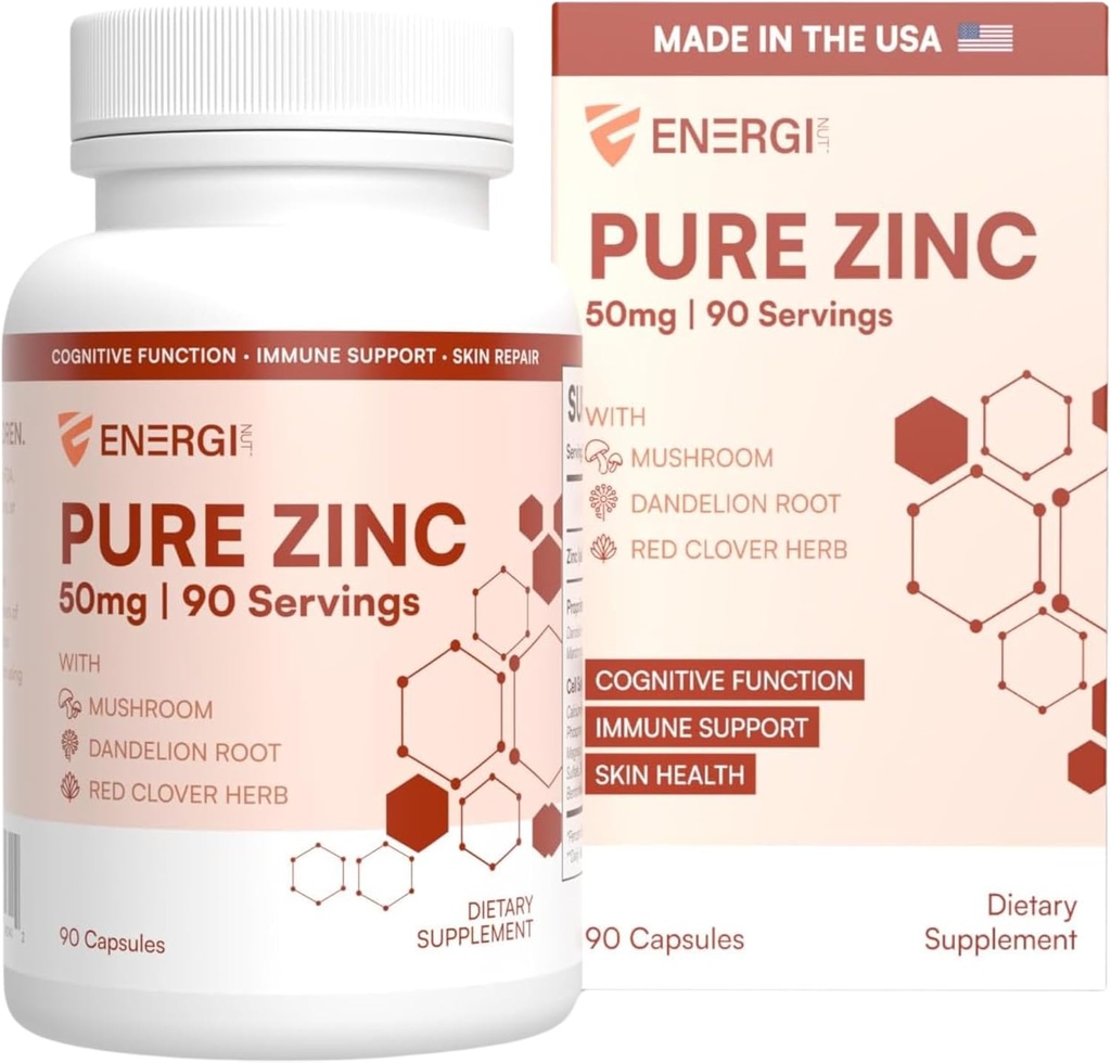 ENERGI Zinc Mieszanka z witaminą A, B- 3 & B- 6, Suplement wsparcia immunologicznego z Marshmellow Root, Dandelion Root Extract & Shiitake Mushroom, 90 Suplementy cynku kapsułki