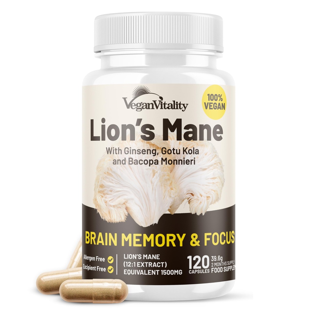 Vegan Vitality Lions Mane Supples Kapsułki - Nootropowe uzupełnienie wsparcia mózgu, Lions Mane Mushroom Extract Kapsułki - 120 Vegan Bacopa Monnieri, Gotu Kola, Ginseng