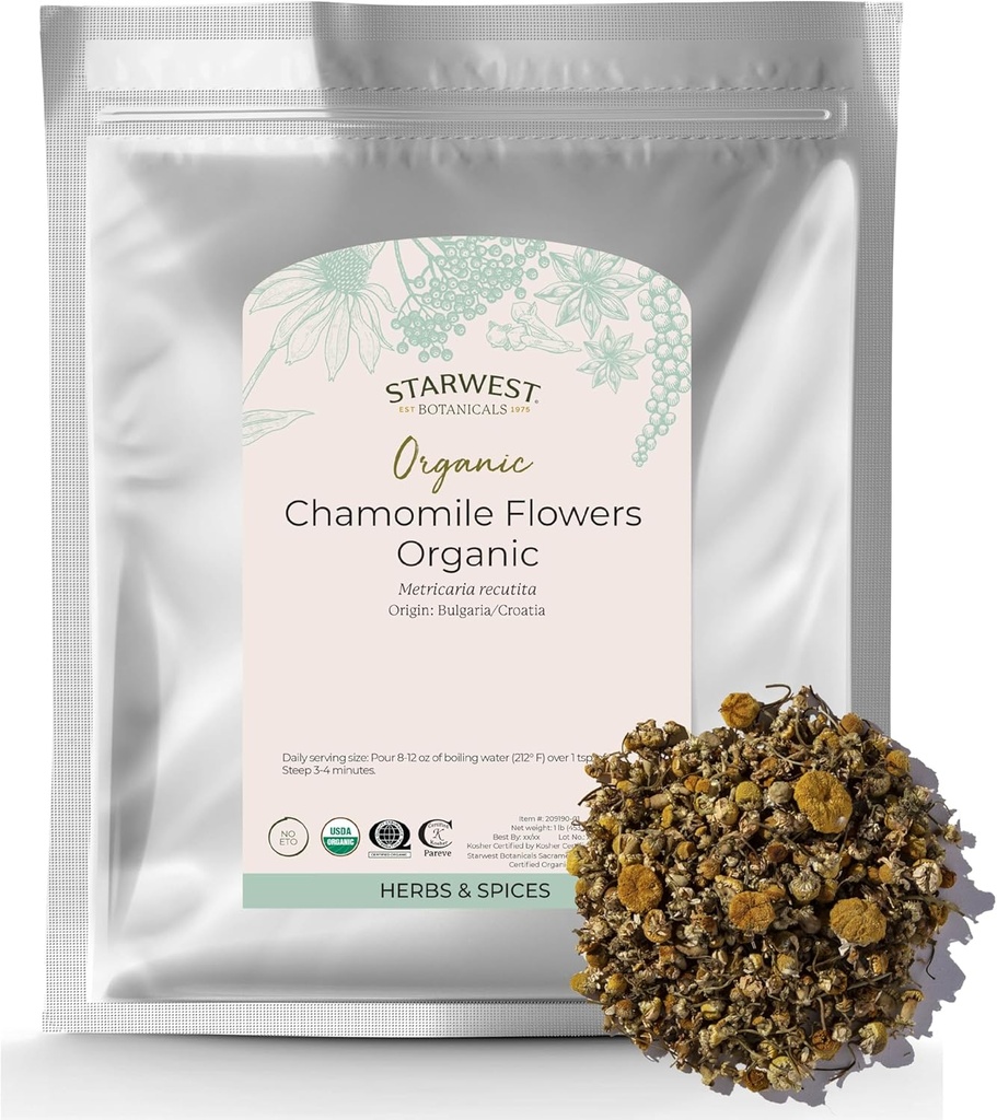 Starwest Botanicals Organic Rumianek Kwiaty całe - Suszony Loose Leaf Herb na herbatę, Naczynia ziołowe, & Pieczenie, Sourced from Croatia & Bulgaria, Certified Kosher, Non-GMO - Bulk 1 lb Bag