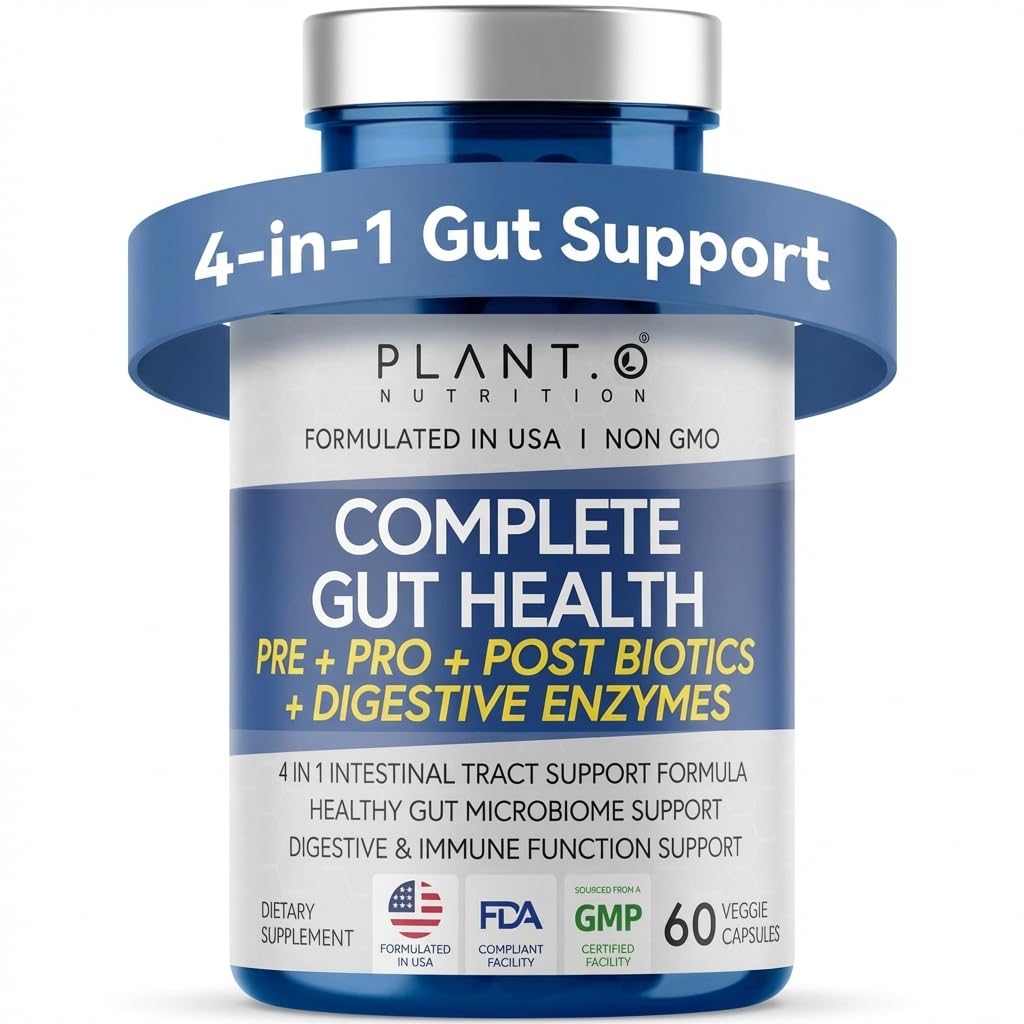 4- in-1 Gut Health Support - Prebiotyki + Probiotyki + Postbiotyki + Enzymy Żywieniowe - DE111 Spore Probiotic for Digestive Support & Bloating - Non-GMO, Made in USA - 60 Kapsułki wegetariańskie