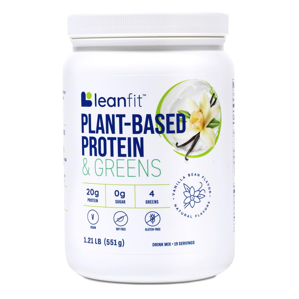 Białko na bazie LeanFit Plant & Zieloni Natural Vanilla - 20 g Białko roślin + 4 Zieloni Leafy Per Serving - Wegan, Gluten- Free, Soy- Free, No Sugar - 19 Słupki, 1.21 Tub funtowy