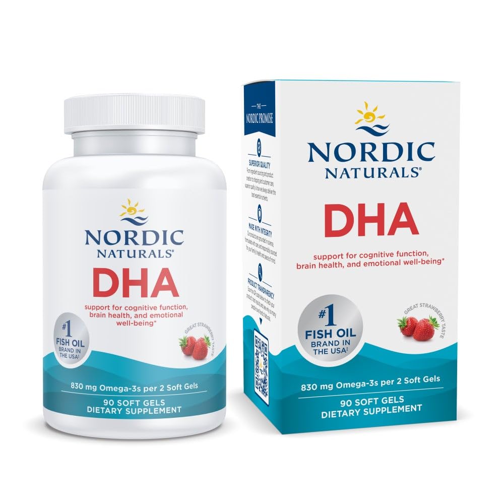 Nordic Naturals DHA, Strawberry - 90 Soft Gels - 830 mg Omega-3 - Wysoka Intensywność DHA Formuła dla wspomagania mózgu i układu nerwowego - Non-GMO - 45 Służenie