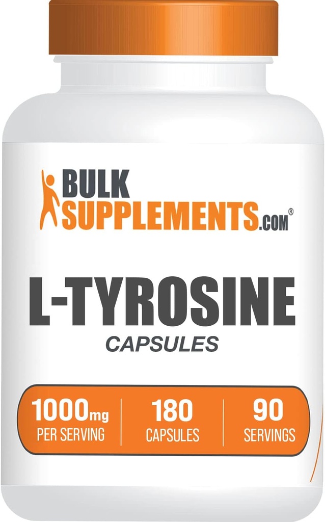 BulkSupplements.com L- Tyrosine 1000mg kapsułki - Suplement Tyrosine, Tyrosine kapsułki, Tyrosine 1000mg - Nieistotny suplement aminokwasów, 2 kapsułki na Serving, 180 kapsułek