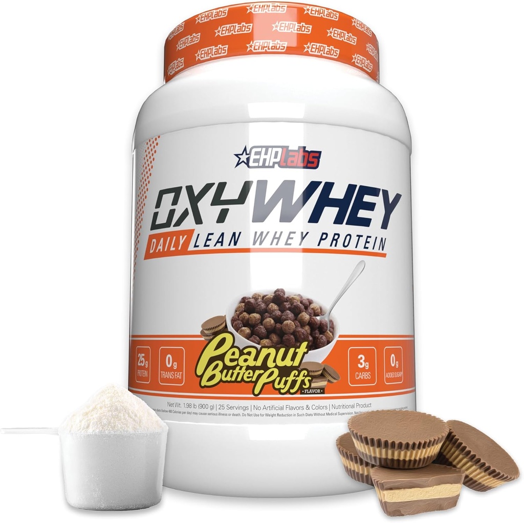 EHP Labs OxyWhey Whey Protein Isolate - 25g Wysokie białko, niskie węglowodory, bezcukrowa substytucja posiłków - Lean Whey Powder for Muscle Recovery - Non-GMO, Gluten Free - 25 Serves - Puffs masła orzechowego