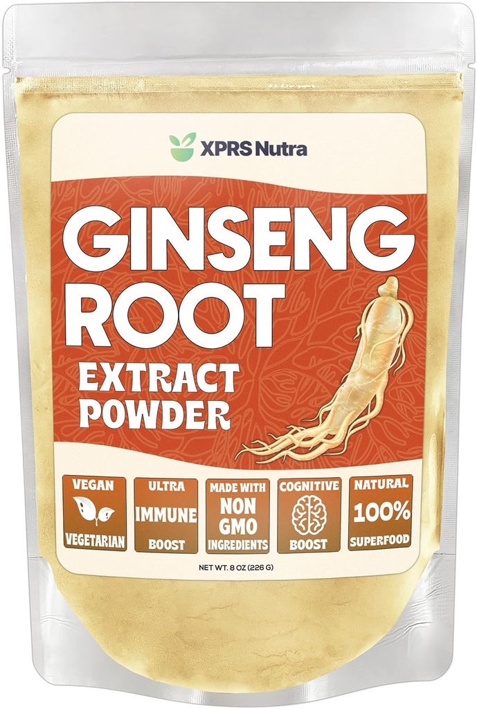 XPRS Nutra Ginseng Root Extract Powder - Ginseng Powder Wspiera funkcje kognitywne, sprawność fizyczną i układ immunologiczny - Wegańska Przyjazna Panax Ginseng w postaci proszku (8 uncji)