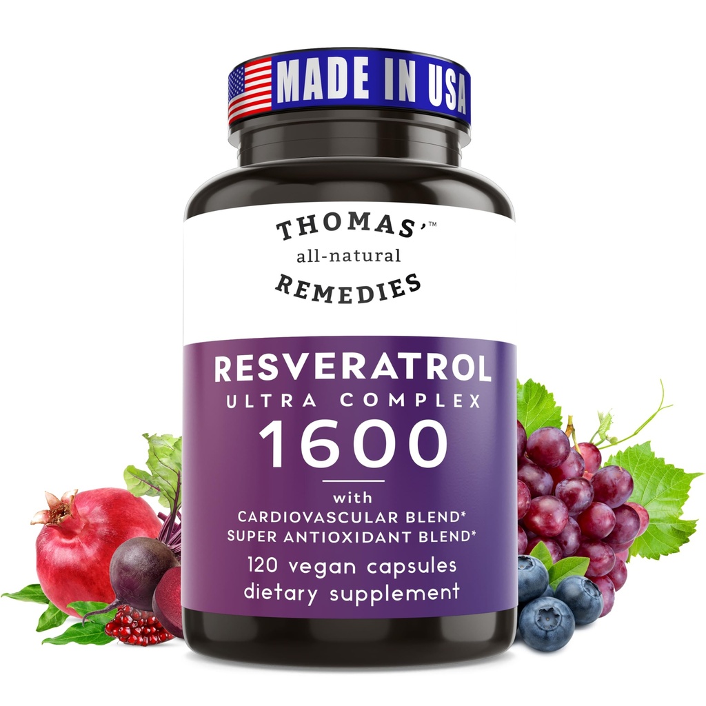 Thomas 's all-natural Resedies Resveratrol 1600mg Organic Trans- Resveratrol Antioksydant Supplement with Organic Grape Seed Extract and Quercetin- Anti- Aging and Cardiviral Support- 120 kapsułki