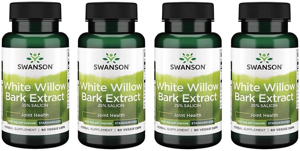 Swanson Maksymalna moc Biała Willow Bark Extract- Promotes Joint Support & Muscle Relief- Standaryzowane do 25% Salicin - Naturalny suplement bez podrażnienia żołądka (60 Veggie Caps, 500mg Each) 4 Pack
